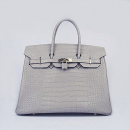 Hermes Birkin 35Cm Crocodile Stripe Handbags Grey Gold